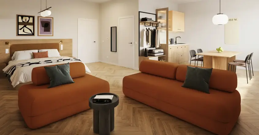 a room with a bed and a couch