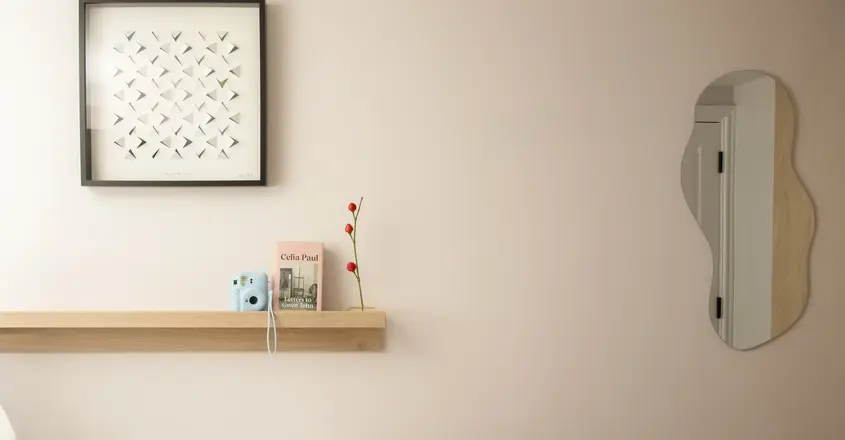 a shelf with a picture and a picture of a camera on it