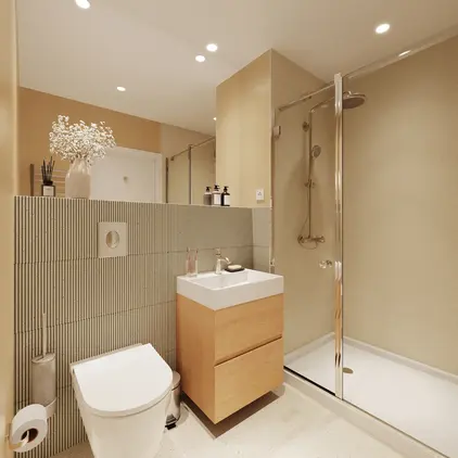 a bathroom with a shower and sink