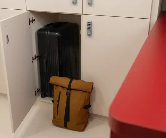 a backpack in a cabinet