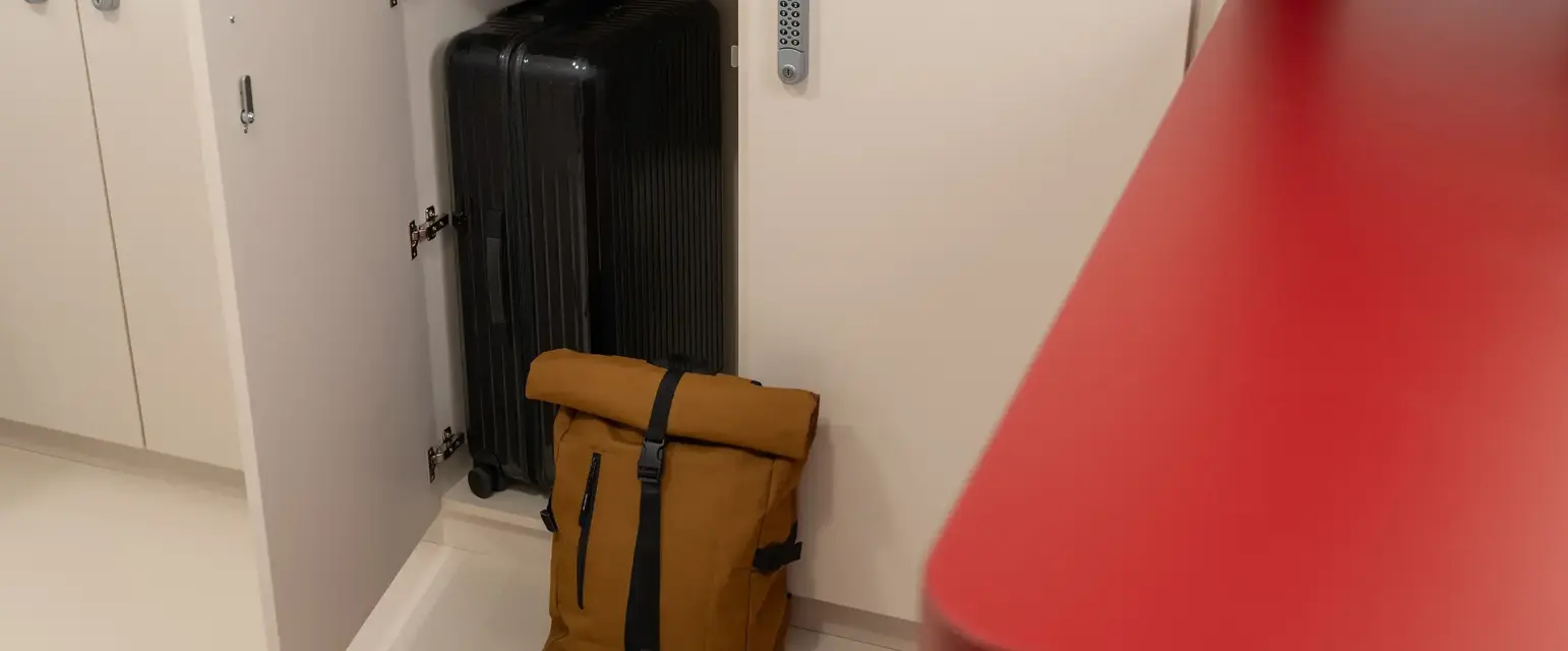 a backpack in a cabinet