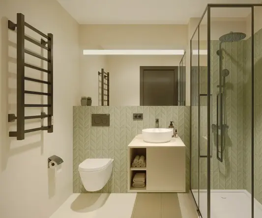a bathroom with a sink toilet and shower
