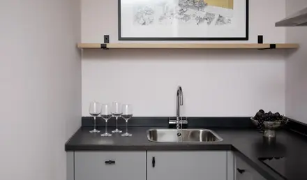 a sink and wine glasses on a counter