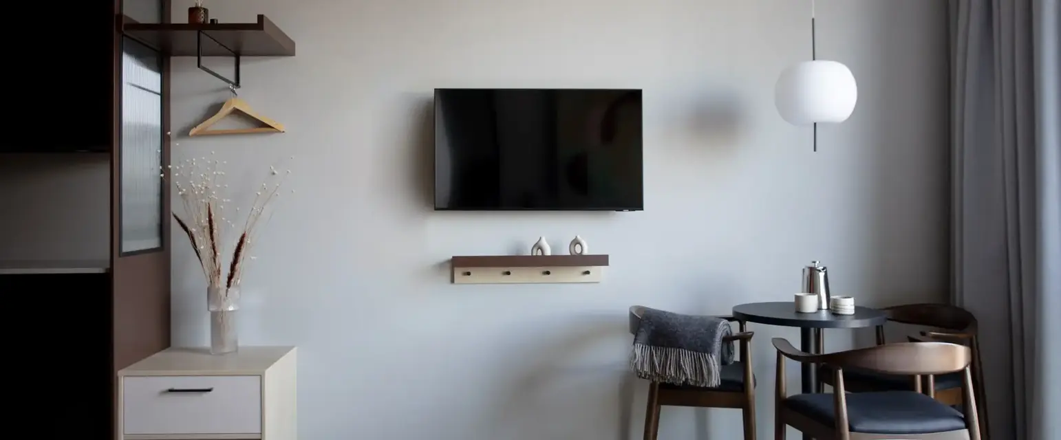 a room with a tv on the wall