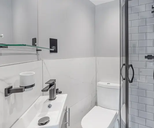 a bathroom with a shower and toilet