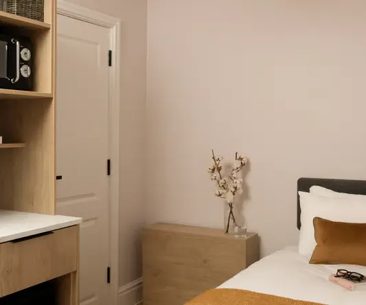 a bedroom with a bookcase and a bed