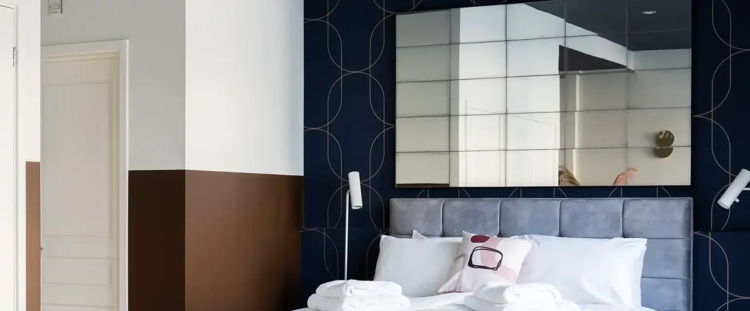 a blue couch in a room