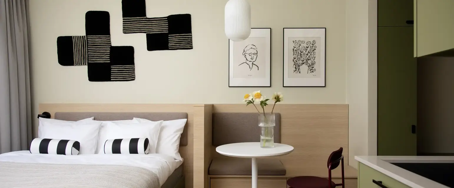 a room with a bed and a table