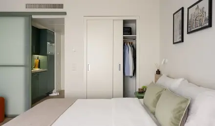 a bedroom with a closet and a bed