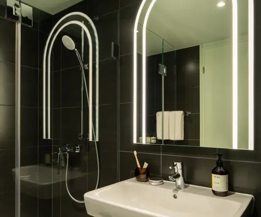 a bathroom with a mirror and a sink