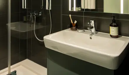 a bathroom with a mirror and a sink