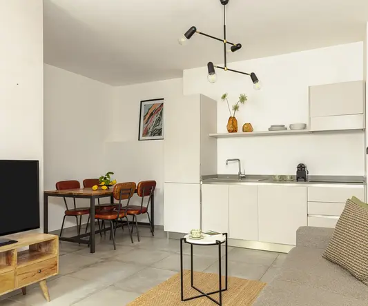 a kitchen and dining area