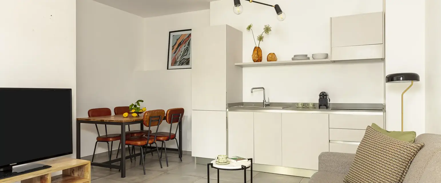 a kitchen and dining area