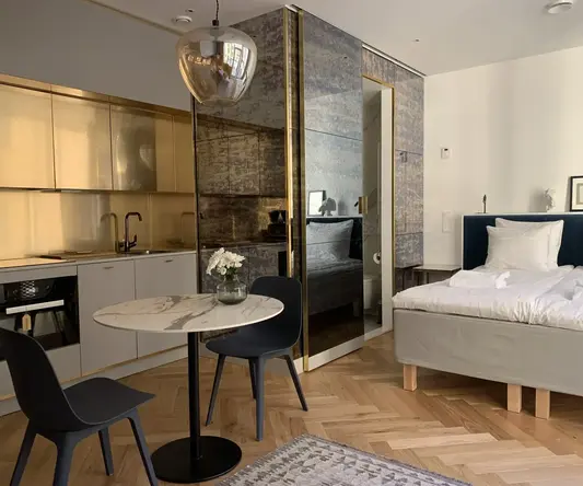 a room with a bed and a table