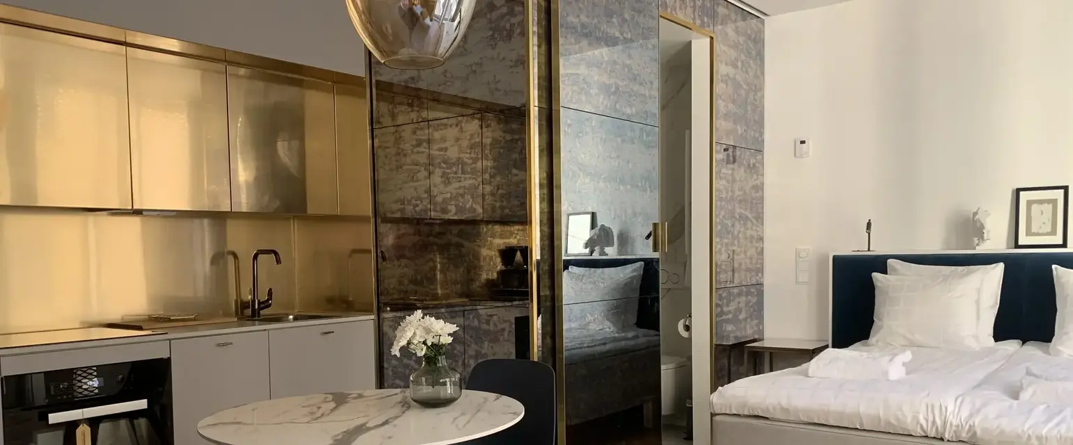 a room with a bed and a table