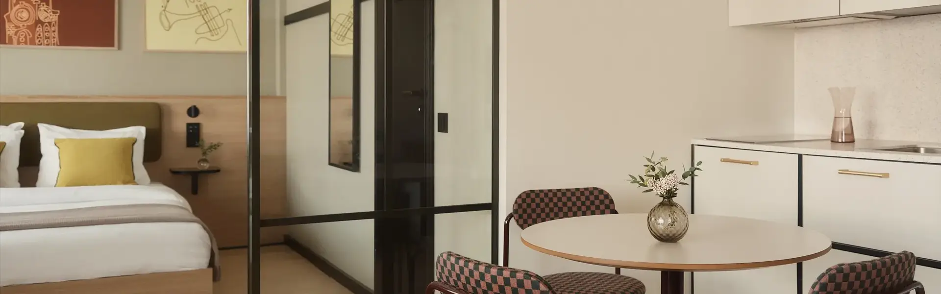 a room with a table and chairs