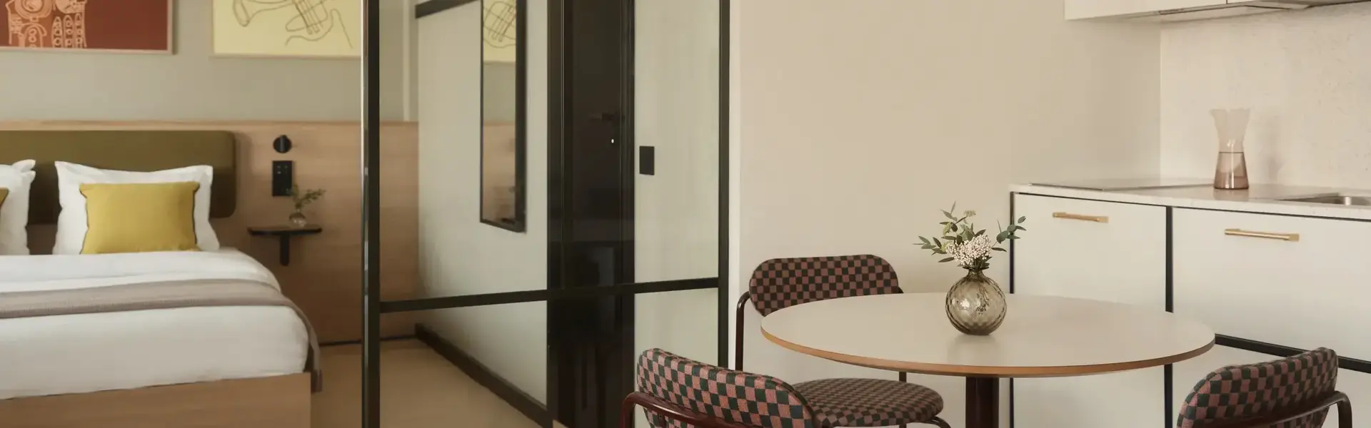 a room with a table and chairs