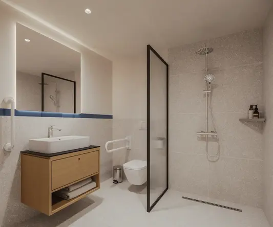 a bathroom with a shower and sink