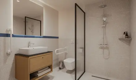 a bathroom with a shower and sink