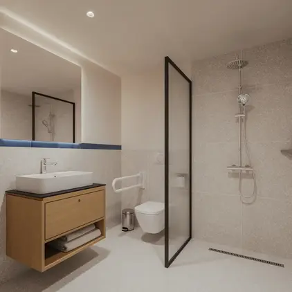a bathroom with a shower and sink