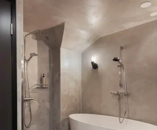 a bathroom with a tub shower and shower head