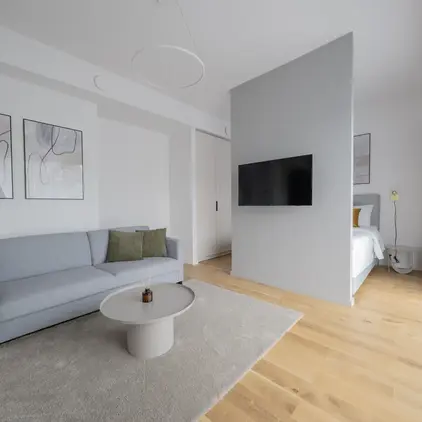 a living room with a couch and a tv