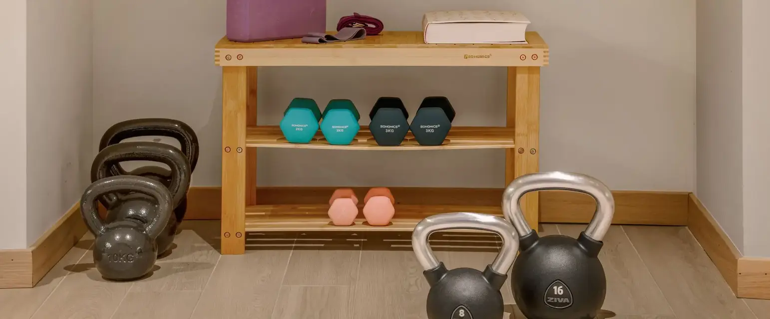 a room with a shelf with weights and a bar and a black rope from the wall