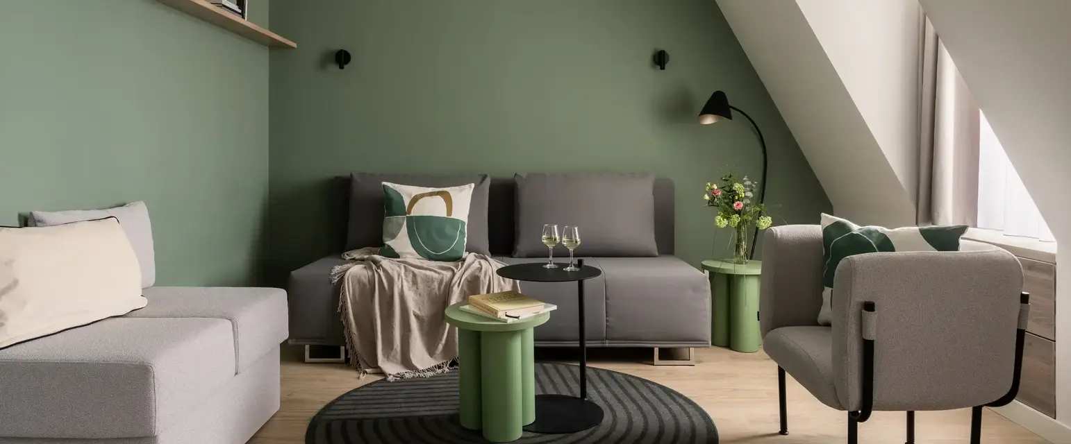 a room with a couch and a table