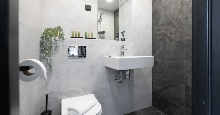 a bathroom with a sink and mirror