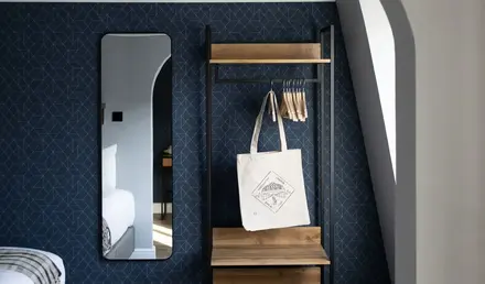 a shelf with a bag on it