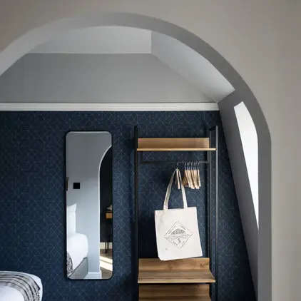 a shelf with a bag on it