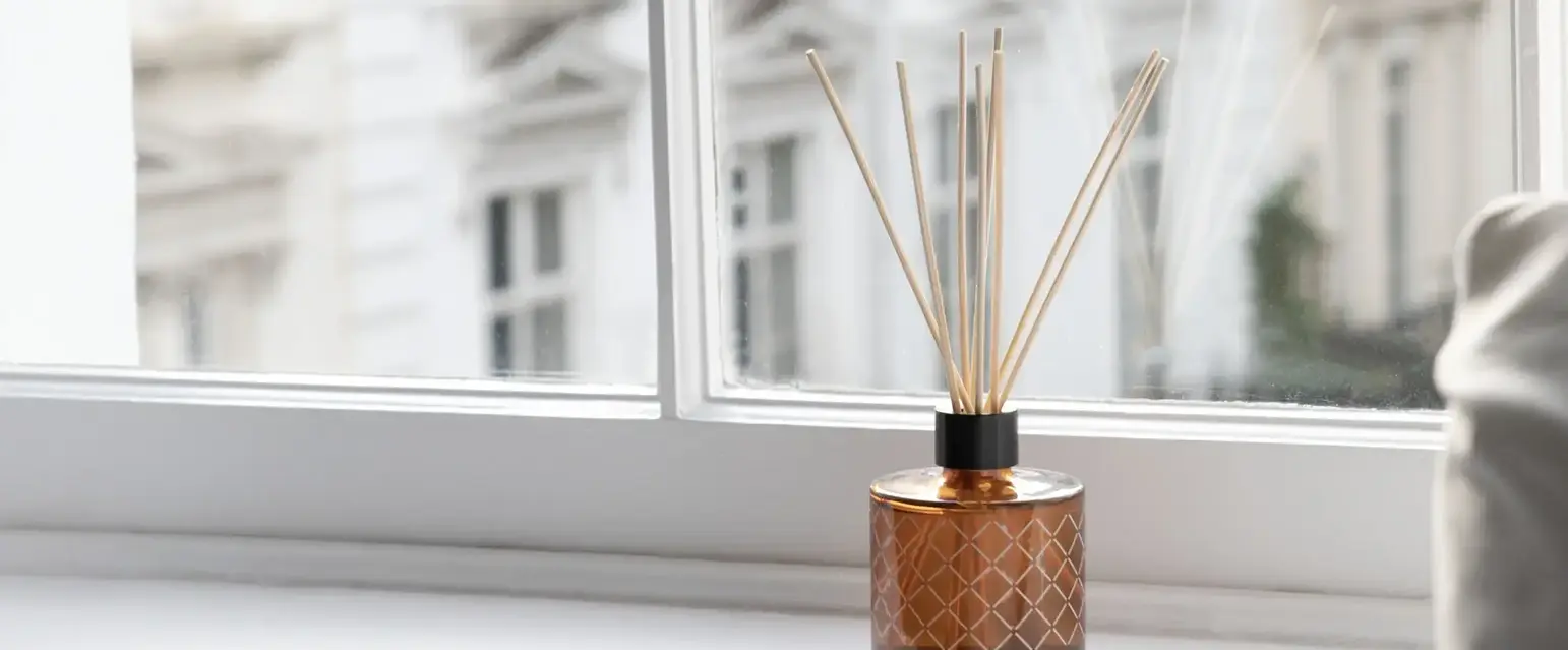a glass bottle with sticks in it sitting on a window sill
