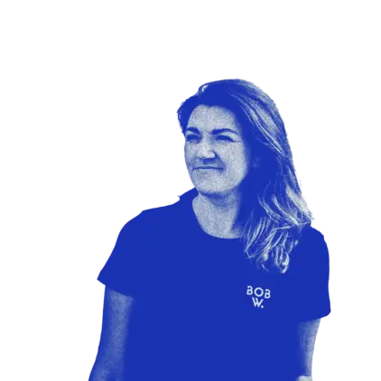 a woman in a blue shirt