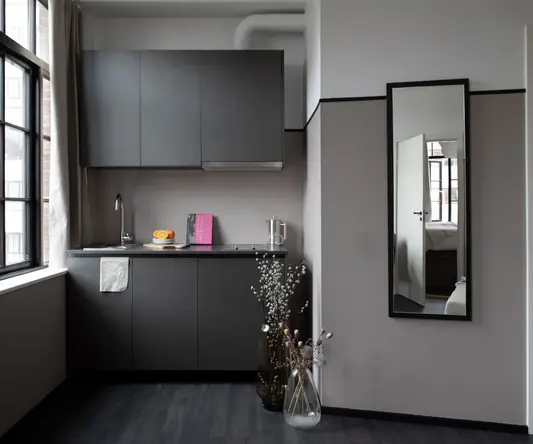 a room with a sink and a mirror