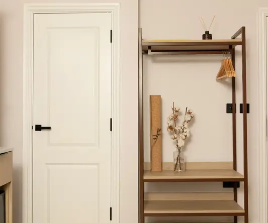 a shelf next to a door