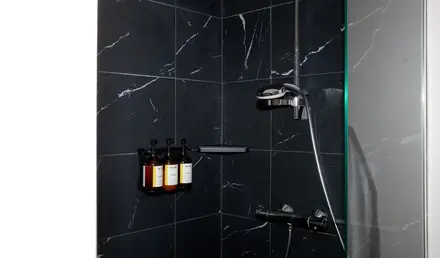 a shower with bottles of liquid on the wall