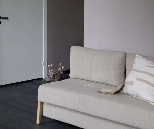 a couch with pillows and a book on it