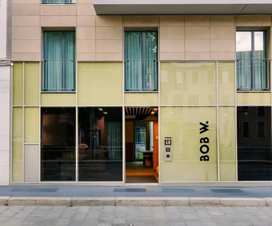 a building with glass doors