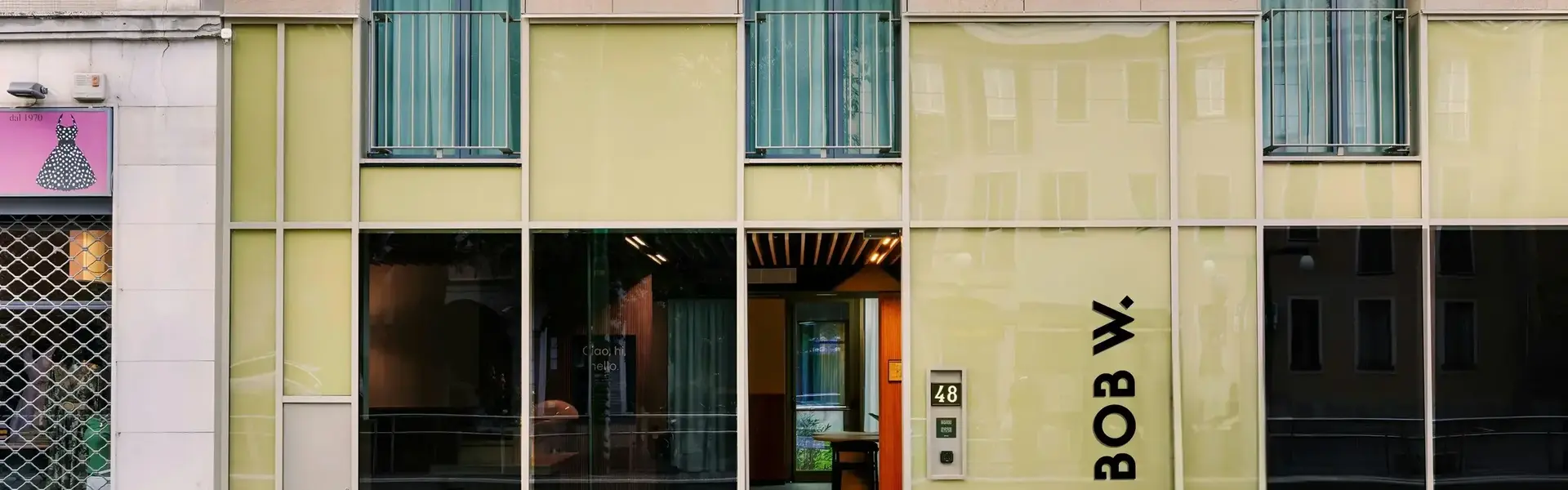 a building with glass doors