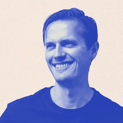 a man in a blue shirt