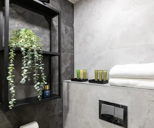 a bathroom with a shelf and shelves