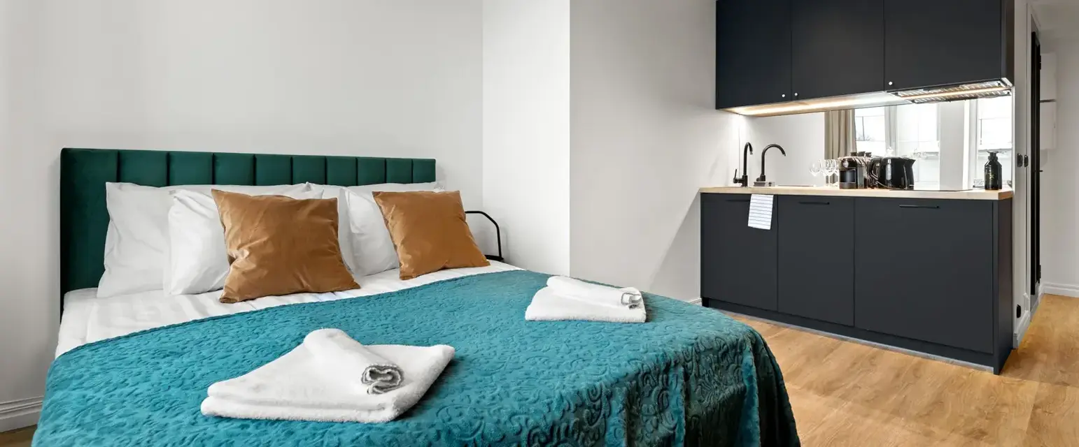 a bedroom with a bed and a sink