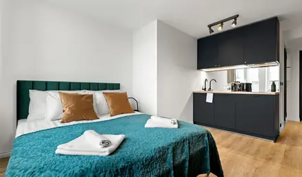 a bedroom with a bed and a sink