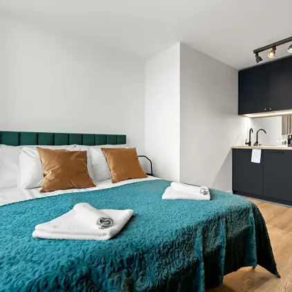 a bedroom with a bed and a sink