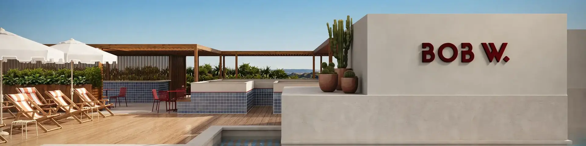 a pool with a building and a roof