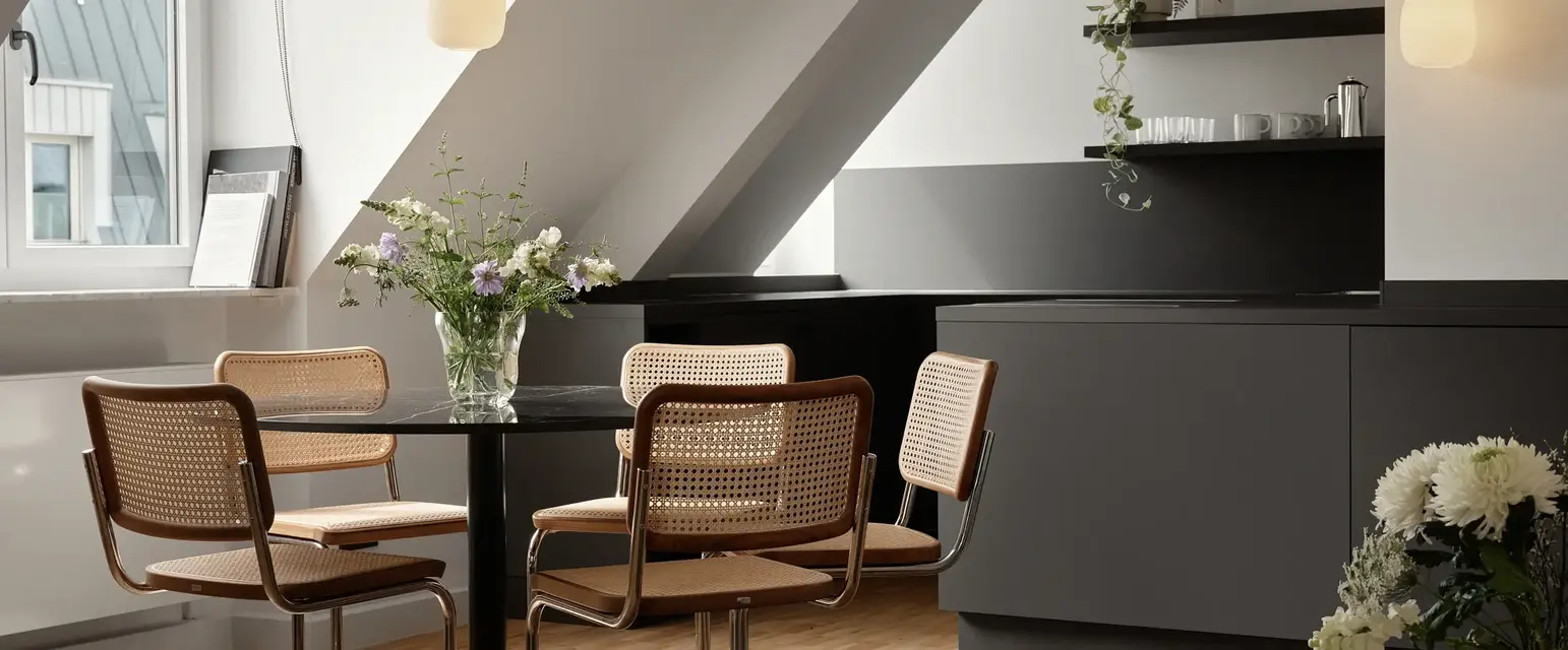 a room with a table and chairs