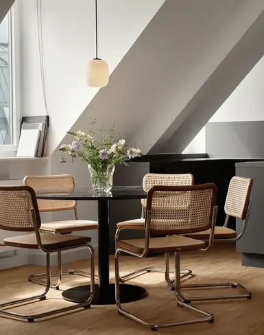 a room with a table and chairs