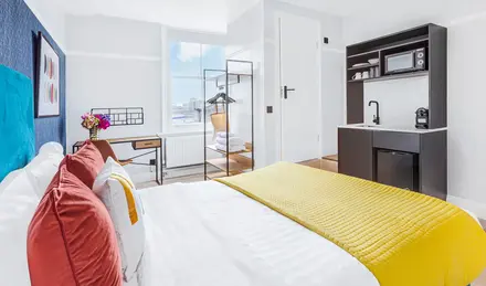 a bedroom with a bed and a sink