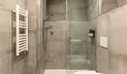 a shower with a toilet and a glass door