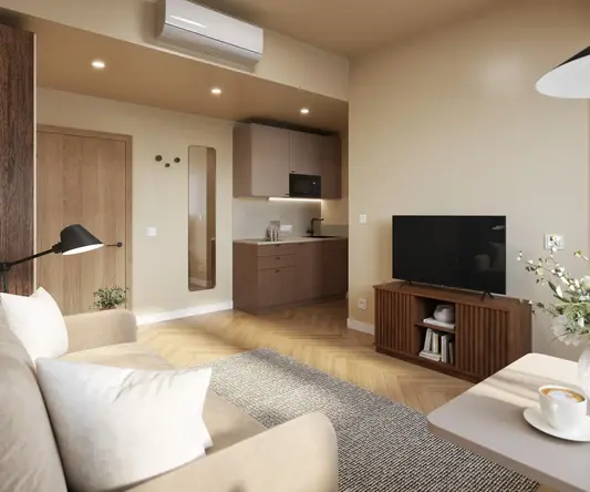 a living room with a tv and a couch